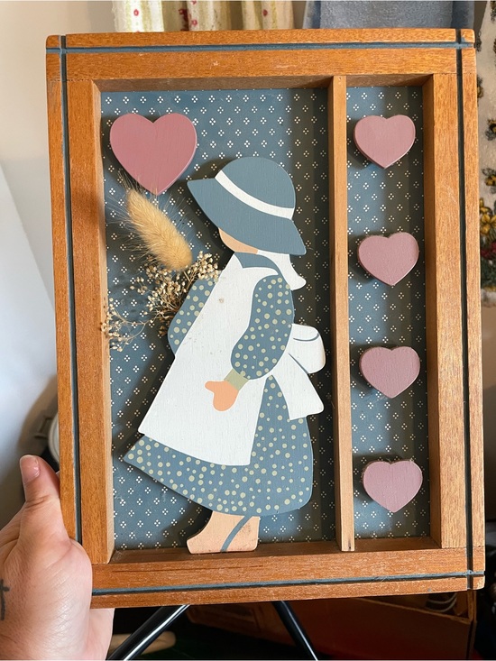 Other - Wooden Cottage Core Girl Wall Art Shadow Box with Pink Hearts